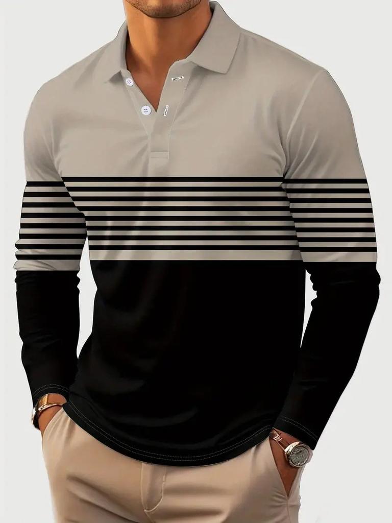 Men's Long Sleeve Striped Polo Shirt, Casual Comfortable Daily Wear