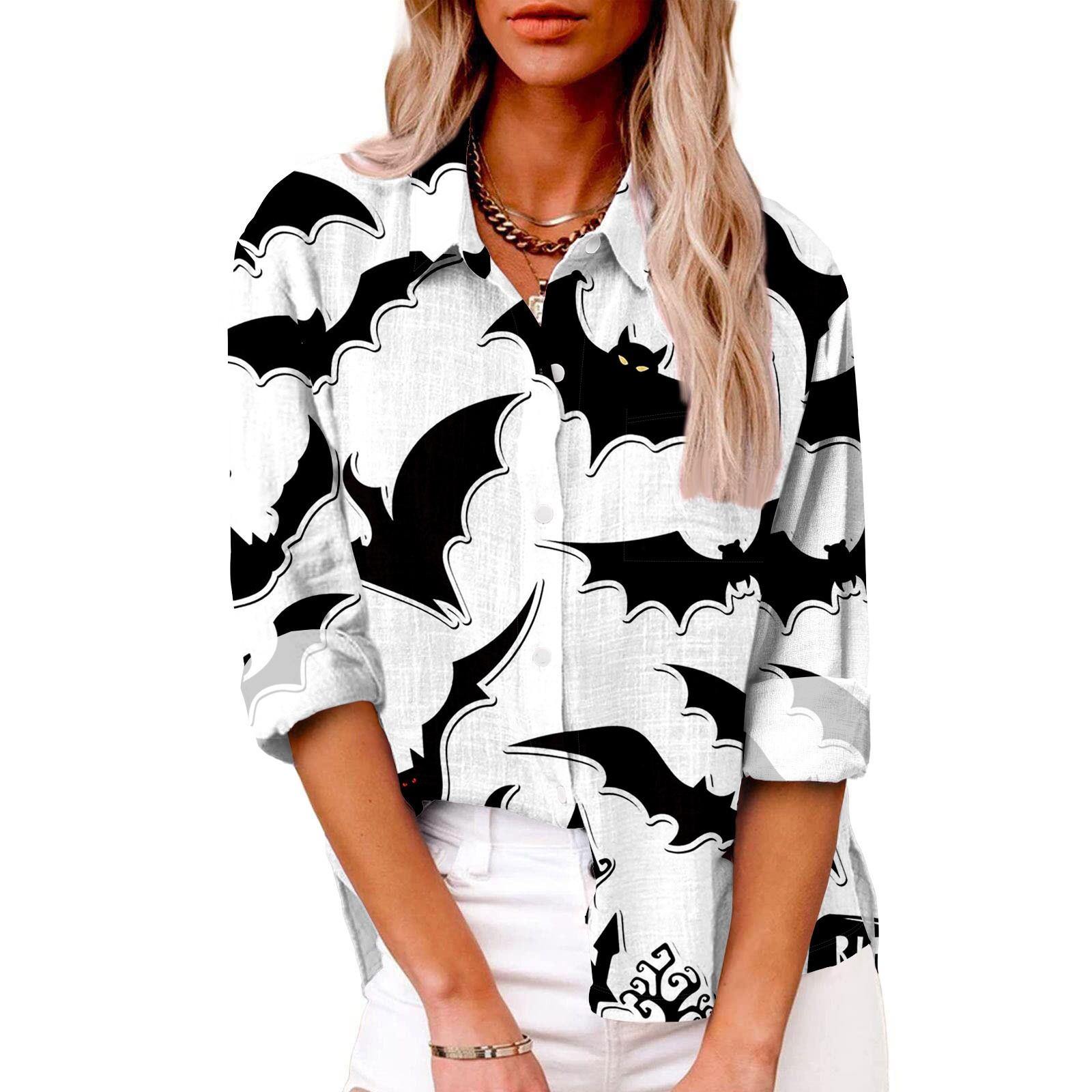 

Жіноча повсякденна сорочка з довгим рукавом і ґудзиками на Хелловін із принтом і кишенею XL