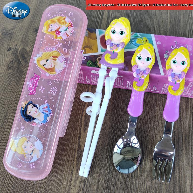 Disney 3D Cartoon Children's Stainless Steel Cutlery Set: Fork, Spoon, and Training Chopsticks