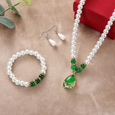 Conjunto de Collar Esmeralda Estilo Coreano para Mamá y Pulsera de Perlas de Imitación - Sencillo Regalo del Día de la Madre