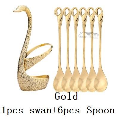 Swan Spoon Base Holder Fruit Forks Set Stainless Steel Salad Dessert Forks Spoon Coffee Cake Tools Tableware Barware
