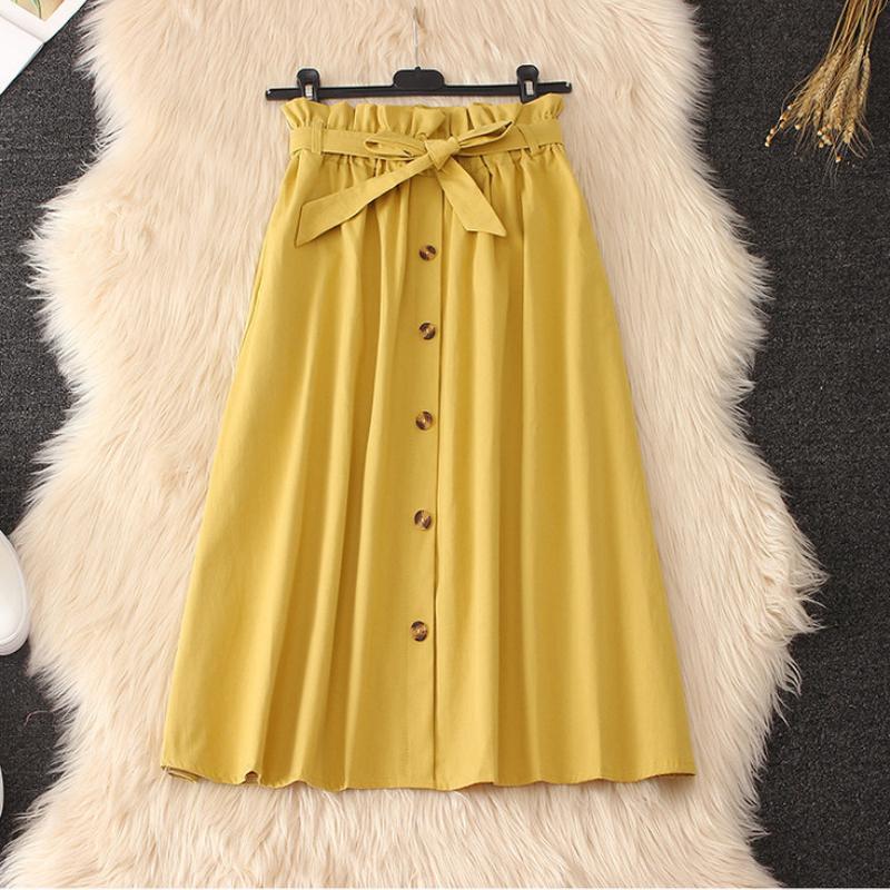 Summer Mid-length Skirt Women's Bud High Waist Single-breasted A-line Over-the-knee Skirt