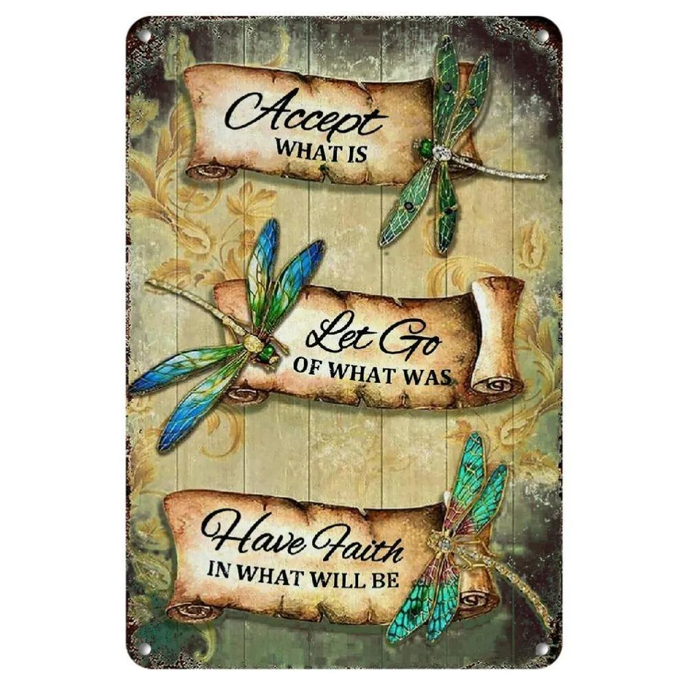 

Vintage Dragonfly Wall Art Retro Accept What Is Metal Sign Versatile Decor for Outdoor Garden Bathroom Home 20x30cm