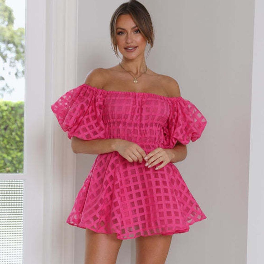 Wepbel Summer Sexy Dress Bandeau Slash Collar Off-Shoulder Fashion Short Dress for Women Solid Color High Waist Cute Dress