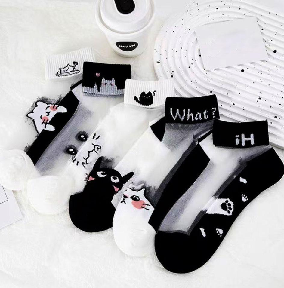 5 pares de meias femininas sensuais, meias de renda fofas de gato, meias de nylon anime Y2K para meninas, pretas, respiráveis, conjuntos de meias femininas
