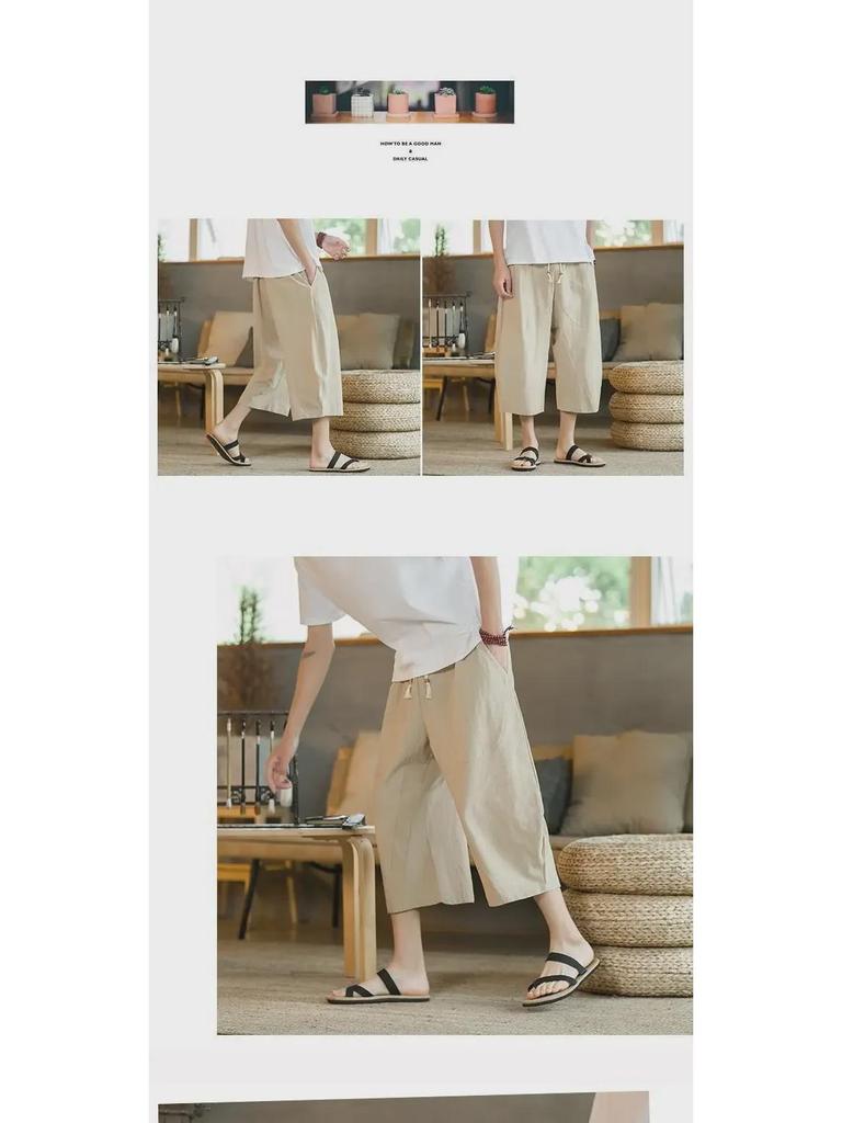 Men's Cropped Chinese Style Linen Shorts - Summer Wide-Leg 7-Point Casual Trousers
