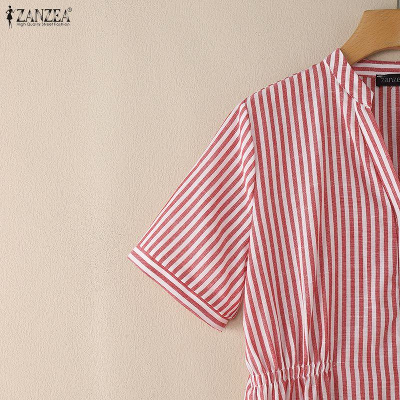 ZANZEA S-5XL Women V-Neck Short Sleeve Loose Casual Striped Shirts Dress