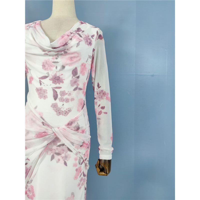 Export Single French Fashion Sexy Sexy Swing Collar Unique Exquisite Printed Mesh New Chinese Style Silm Dress Female