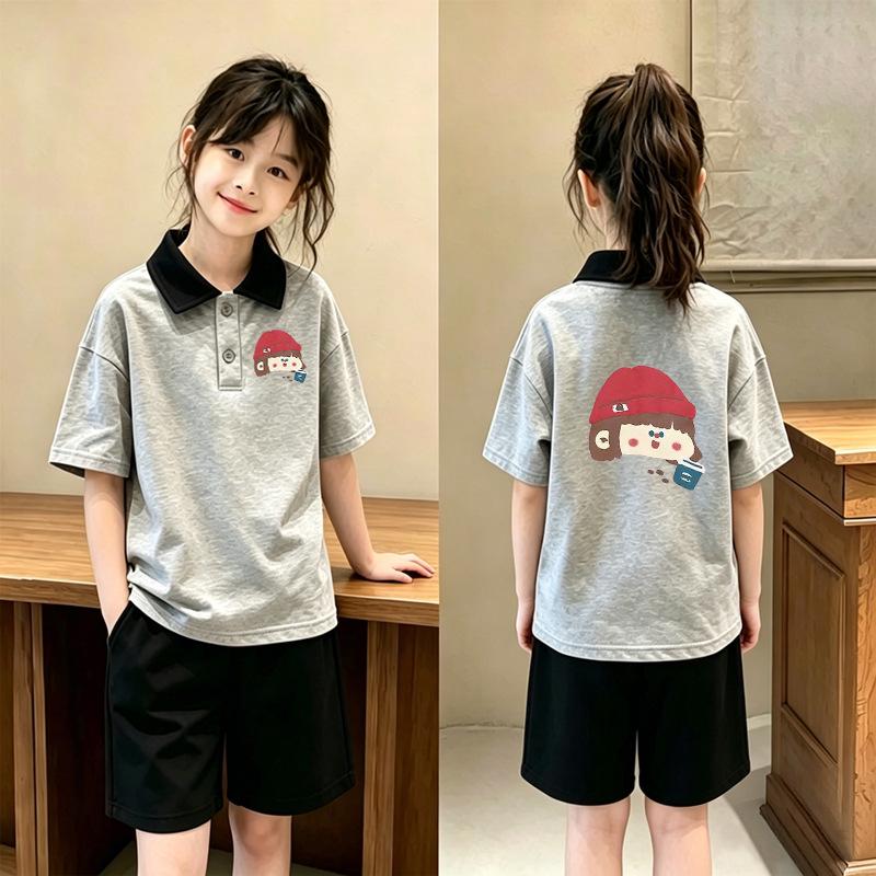 Korean Style Girls' Patchwork Lapel Polo Two-Piece Set: Casual Summer Short-Sleeve Shirt for Medium and Large Children.