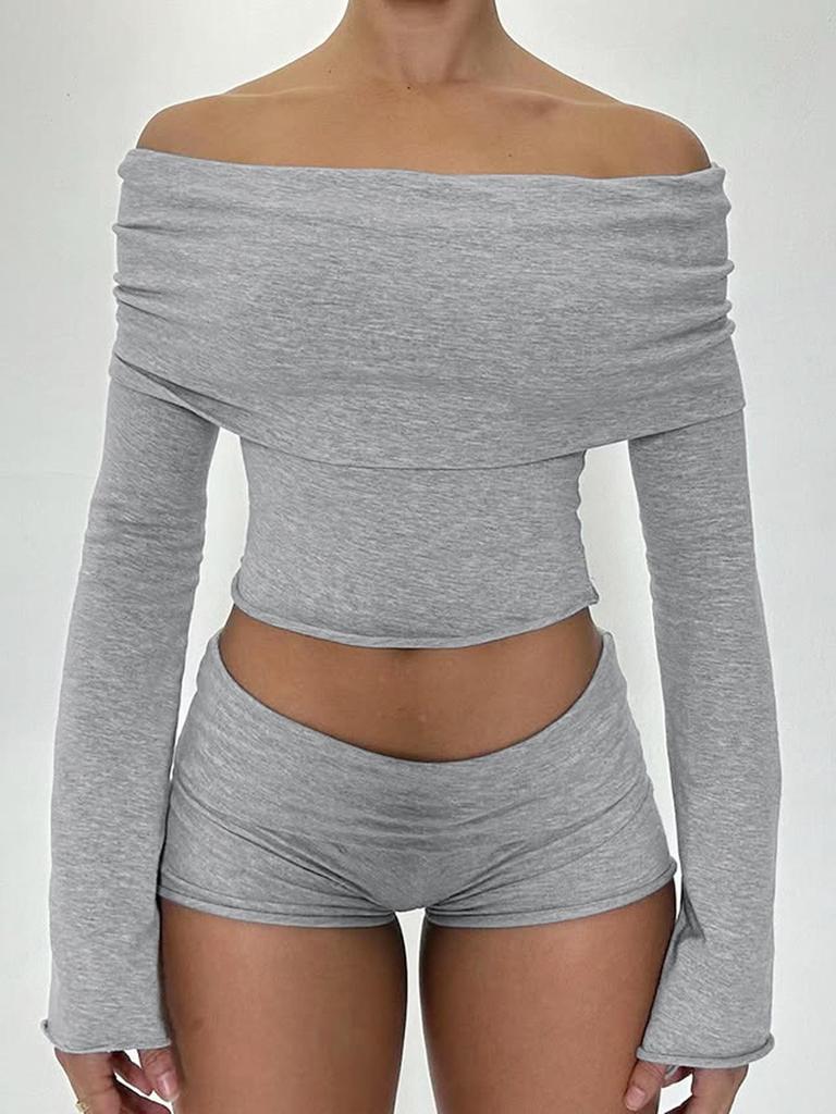 Women's Solid Color One-Shoulder Lapel Casual Suit: Long Sleeve Top + Shorts