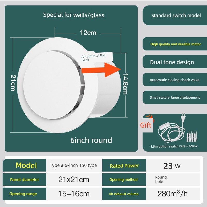 Powerful Silent Bathroom Exhaust Fan for Home Use, Dual-Direction Wall-Mounted Toilet Extractor Fan, Kitchen Air Intake Fan