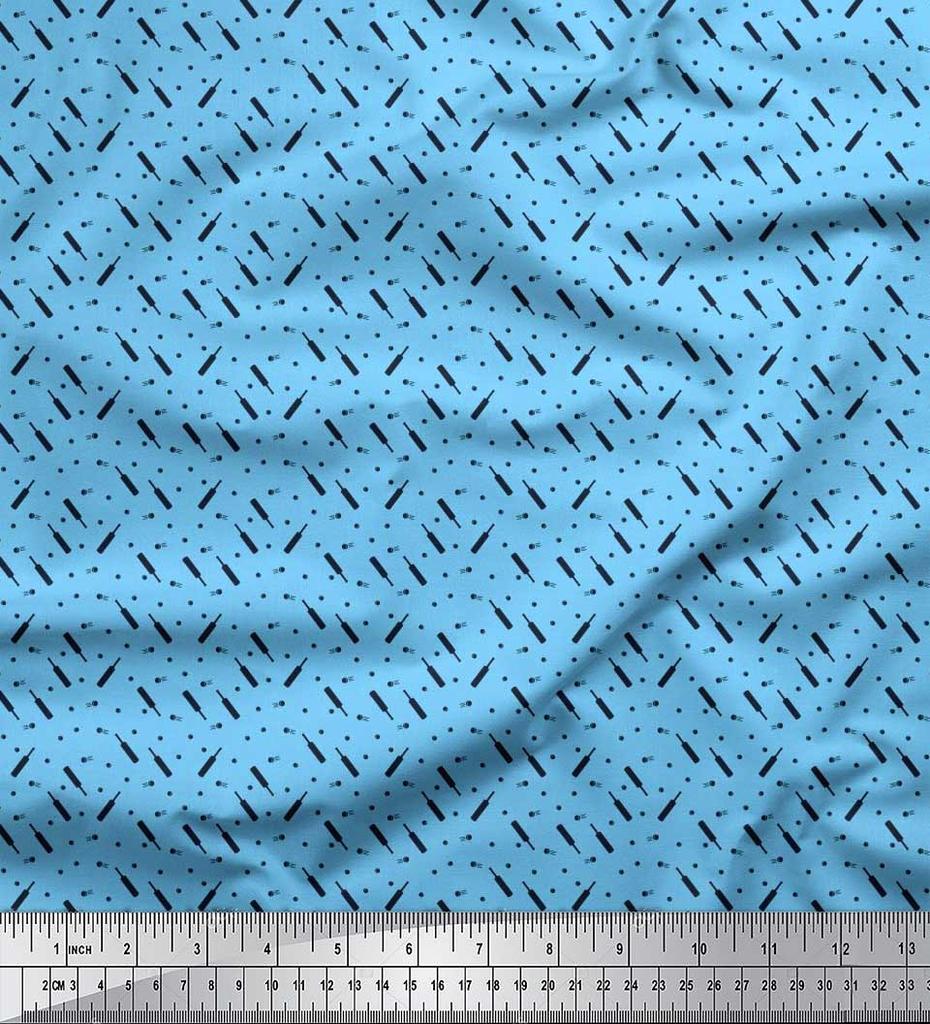 Soimoi Japan Crepe Satin Fabric Cricket Bat & Ball Shirting Print Sewing Fabric metre 42 Inch