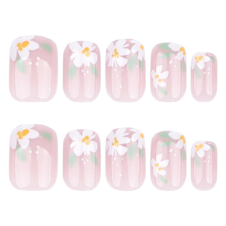 24 Pcs Short Square Press On Nail Flowers False Nail Sweet Acrylic Nail Glossy Full Cover Stick On Nail for Woman