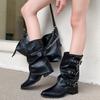 Boots Women's Belt Buckle Medium Boots Skinny New Folded Coarse Heel Versatile Knight Pointed Autumn and Winter Boots Pile
