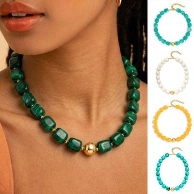 Chunky Beaded Necklace Square Resin Beads Necklace Bohemian Choker Necklace for Women Holiday Summer Vacation Beach