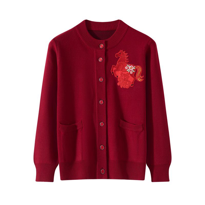

2026 Autumn/Winter Fine Wool Horse Embroidery Cardigan for Middle-aged & Elderly XXL