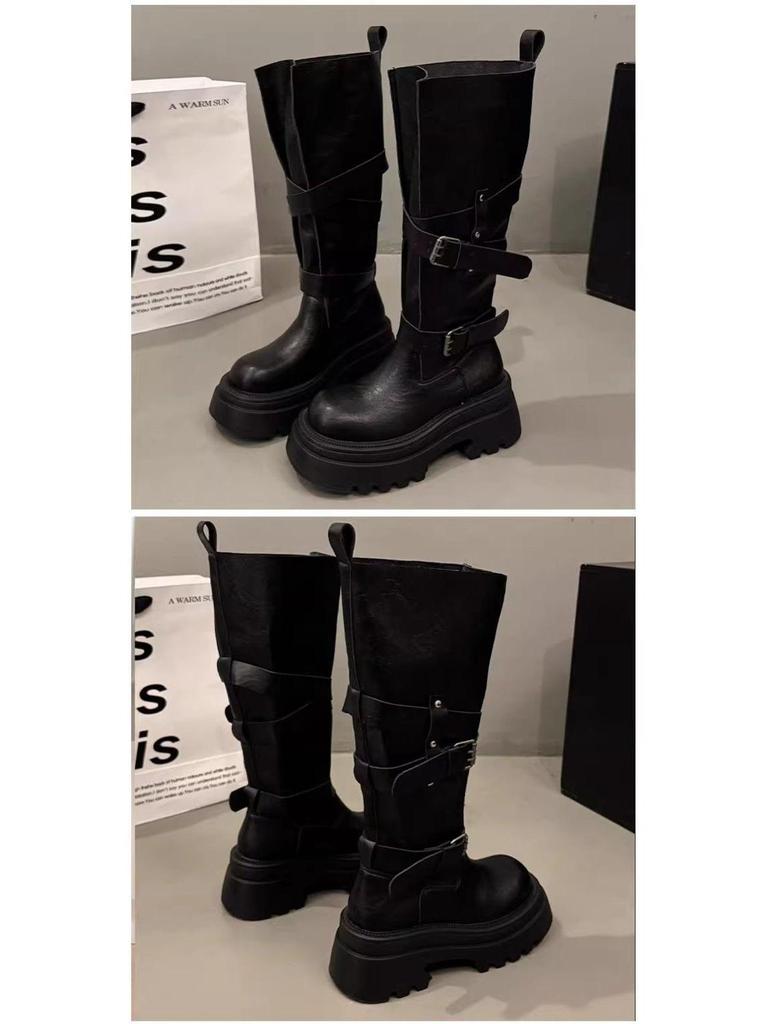 Small Over-the-Knee Height-Increasing Retro Boots with Buckle, Versatile for Autumn, In Stock