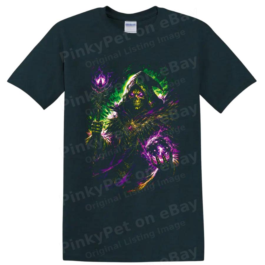 Grim Reaper T Shirt w/ Neon Skull Magic Art Gothic Horror Fantasy Graphic Tee