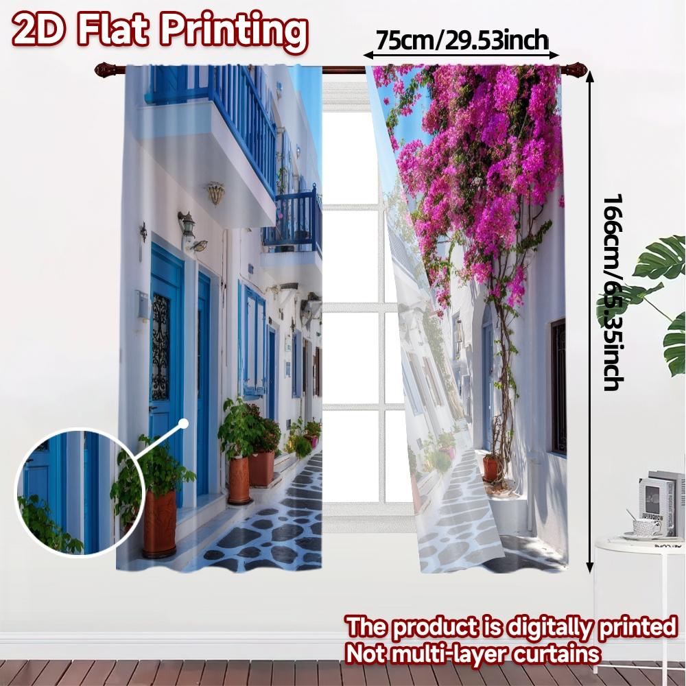 2pcs   2D FLAT PRINTING Curtains (Without Rod) Blue Bloom Street Popular Curtains Durable 100% Polyester Fabric Curtains Holiday
