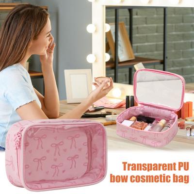 Pink Bow Makeup Bag Portable Cosmetic Pouch with Transparent Window Zippered Travel