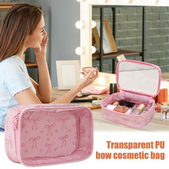 Pink Bow Makeup Bag Portable Cosmetic Pouch with Transparent Window Zippered Travel Cosmetic Organizer for Business Trip Vacation