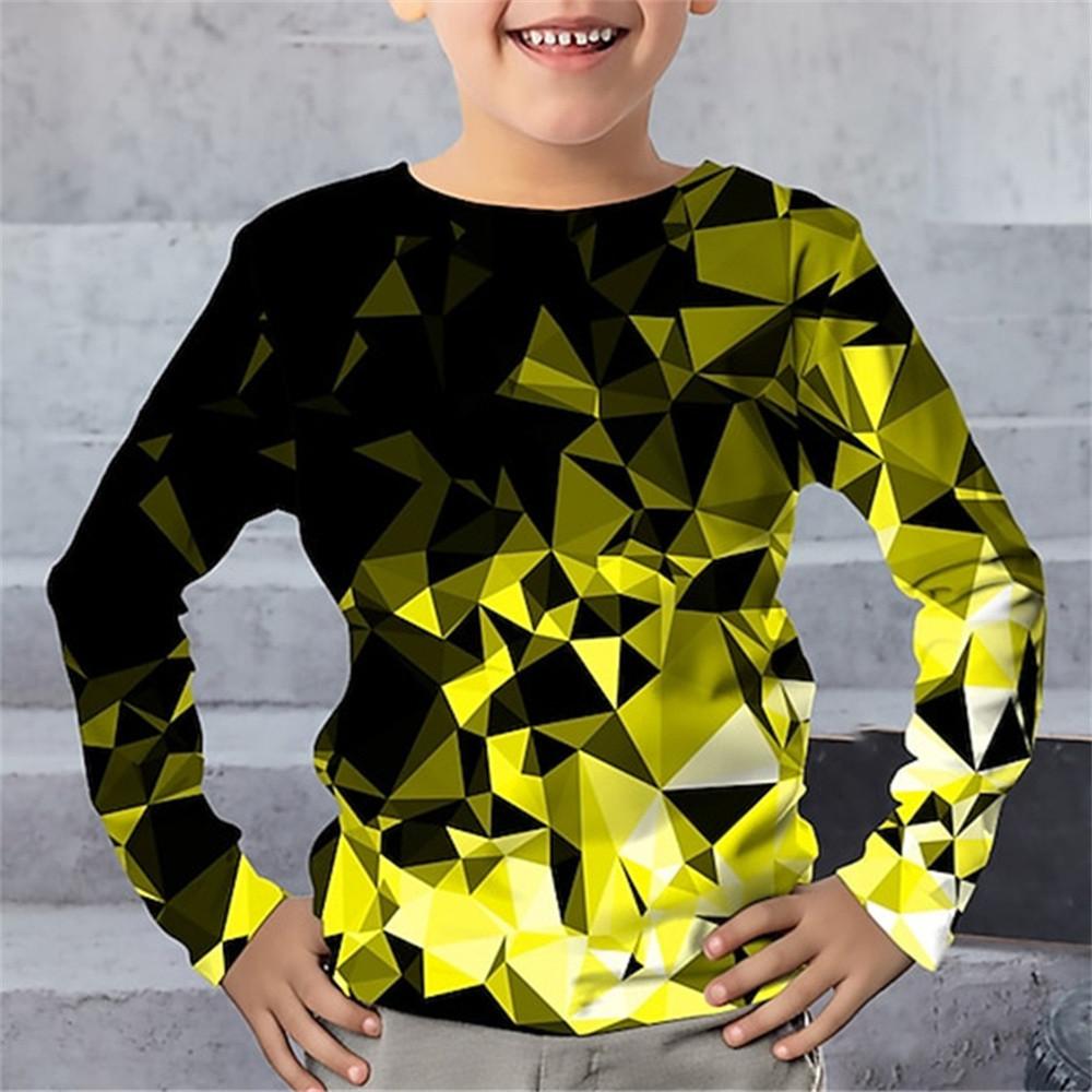 Frühlings- und Herbst-Rundhals-Oberteil mit 3D-Geometrie-Musterdruck, modisch, lässig, langärmelig, Kinder-Jungen-T-Shirts