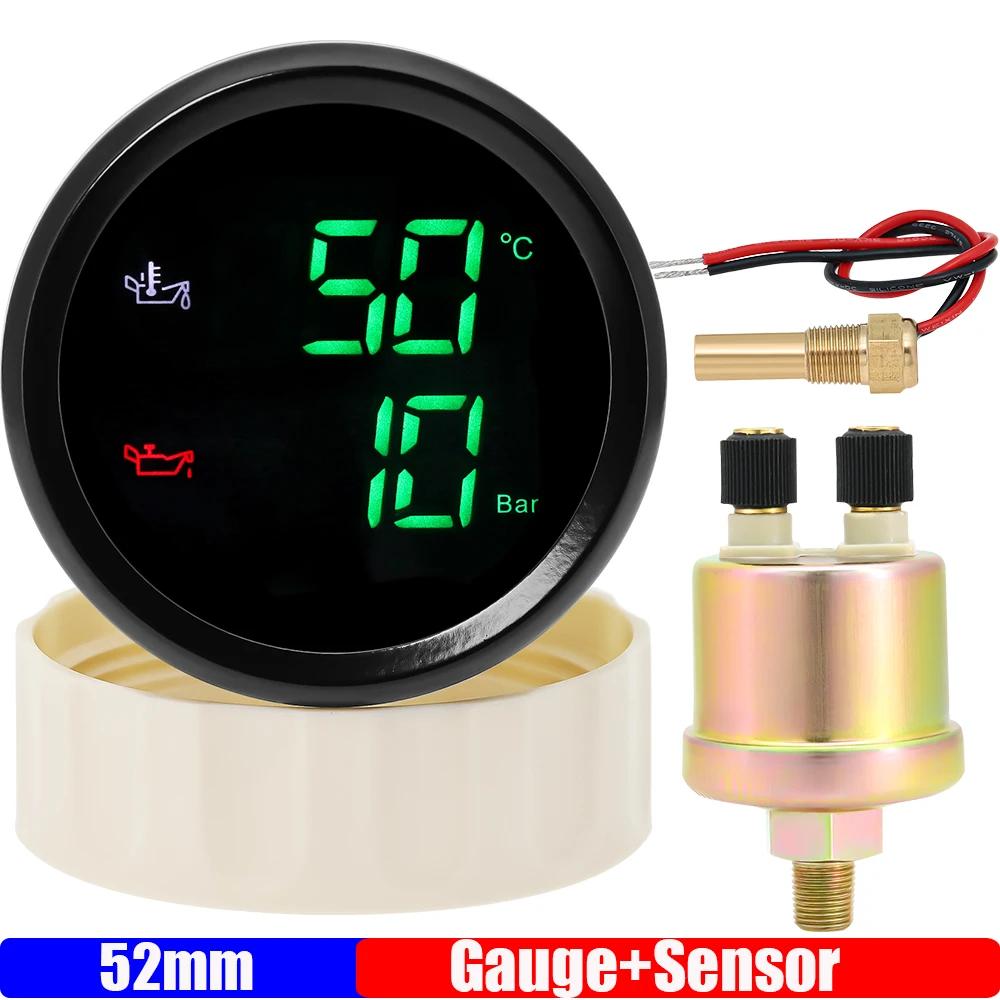 Digital 2 IN 1 Oil Temperature+Oil Pressure Gauge Green Red LED 52mm Gauge with Oil Press/Temp Sensor for Car Boat 12V24V