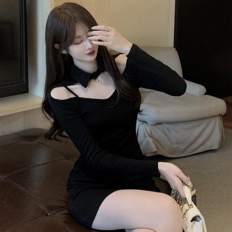 Polo Collar Bottoming Short Skirt Women's Autumn and Winter New Pure Desire Sexy Slim-fitting Hip Skirt Waist and Thin Long-sleeved Dress