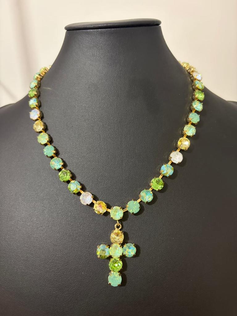 Women's Geometric Multi Layer Cross Tassel Choker Necklace Inlaid Colorful Zircon Gemstone Stackable Pendant Jewelry Vacuum Gold