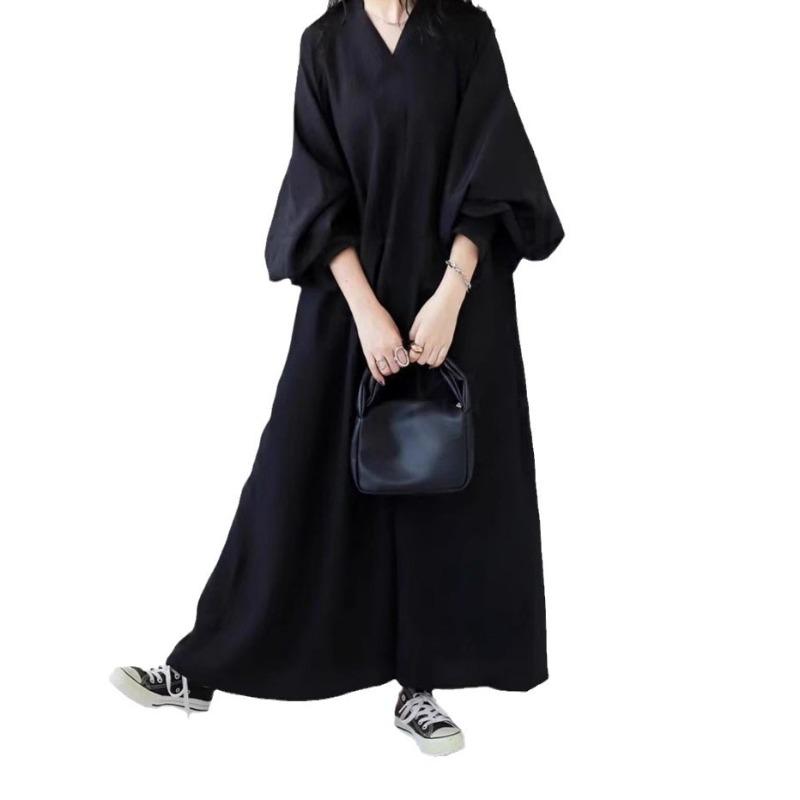 Lady s Spring/Autumn Printed Long-Sleeved V-Neck Loose-Sleeved Waistline Casual Dress Size: One Size чёрный