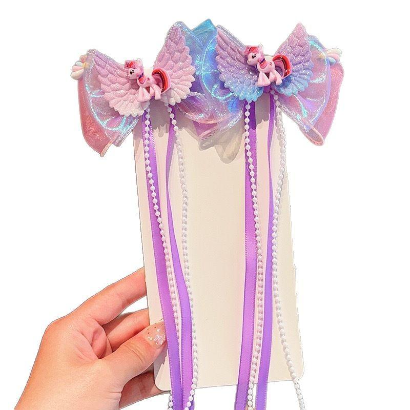 Children'S Pearl Mesh Gone Cartoon Super Fairy Princess Ribbon Braided Hair Headgear Little Girl Bow Hairpin Hair Accessories