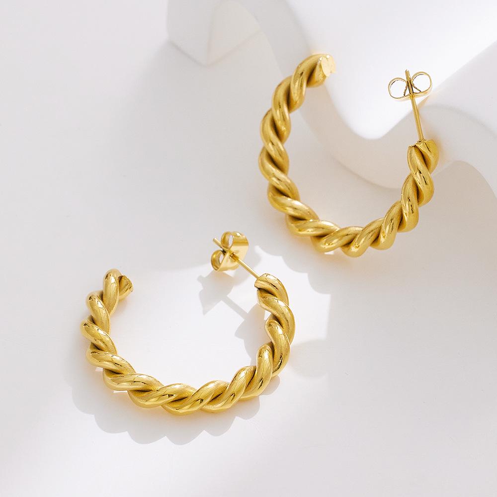 18K Gold-Plated Twisted Rope C-Shaped Earrings for Women