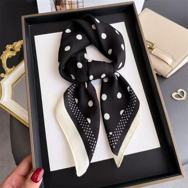 Polka Dot Cotton Silk Scarf: Versatile Spring/Summer Headscarf & Hair Tie for Women чёрный