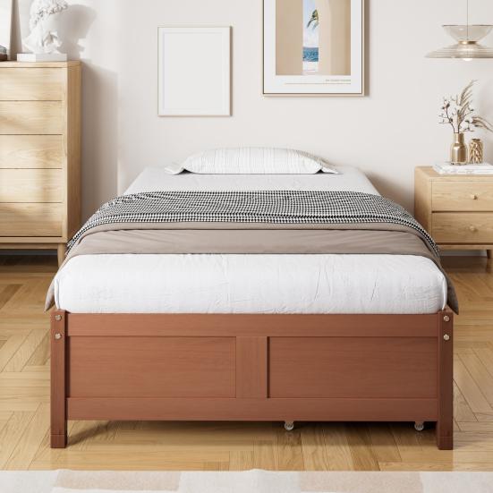 Children Bed, Flat Bed, Wooden Bed, Vintage Wood Color, Two Drawers with Castors, Adolescents And Adults, Pine Frame, Sturdy Slatted Frame, 90x200cm