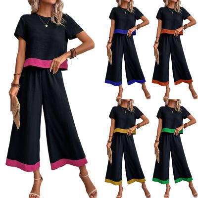 Women's 2 Piece Outfits Sets Ruched Short Sleeve Tops  Wide Leg Pants Tracksuit Sets