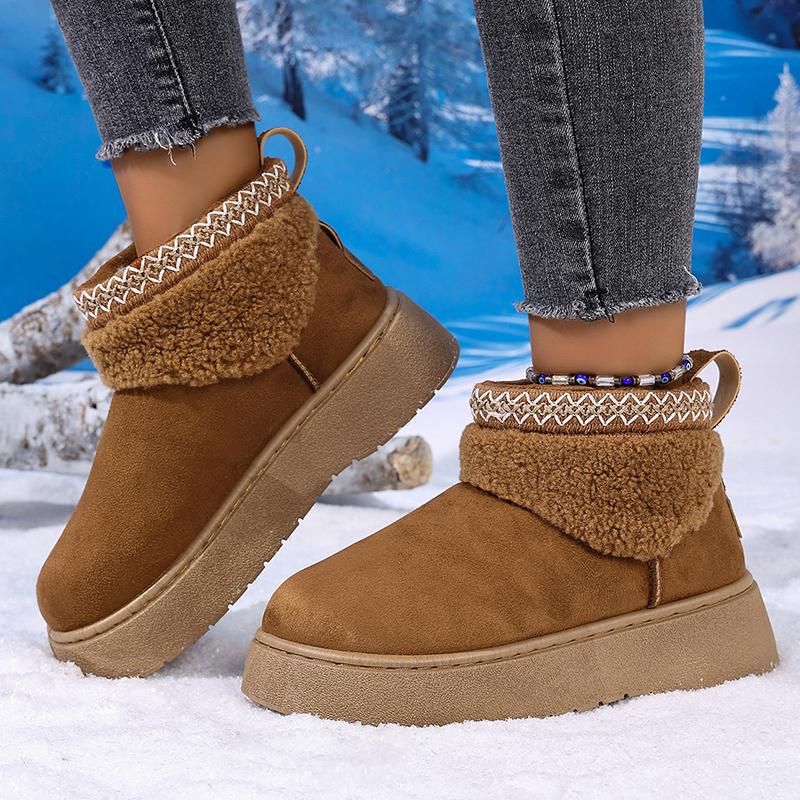 Fashion Embroidery Fau Suede Platform Snow Boots for Women Thickened Lining Warm Winter Shoes Woman Thick Sole Slip On Ankle Boots 42