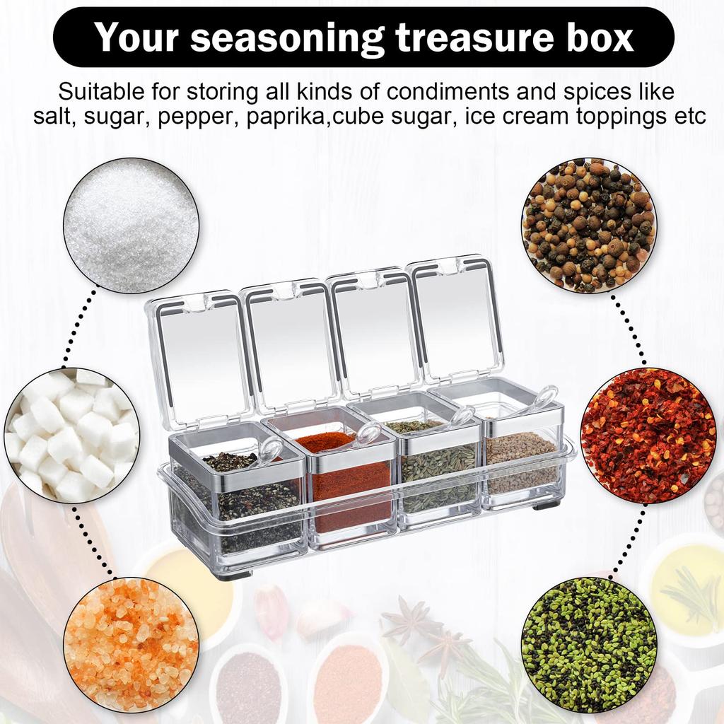 4 Piece Clear Seasoning Box Set Storage Container Condiment Jars for Spice Salt Sugar Cruet Seasoning Rack Spice Pots with Cover