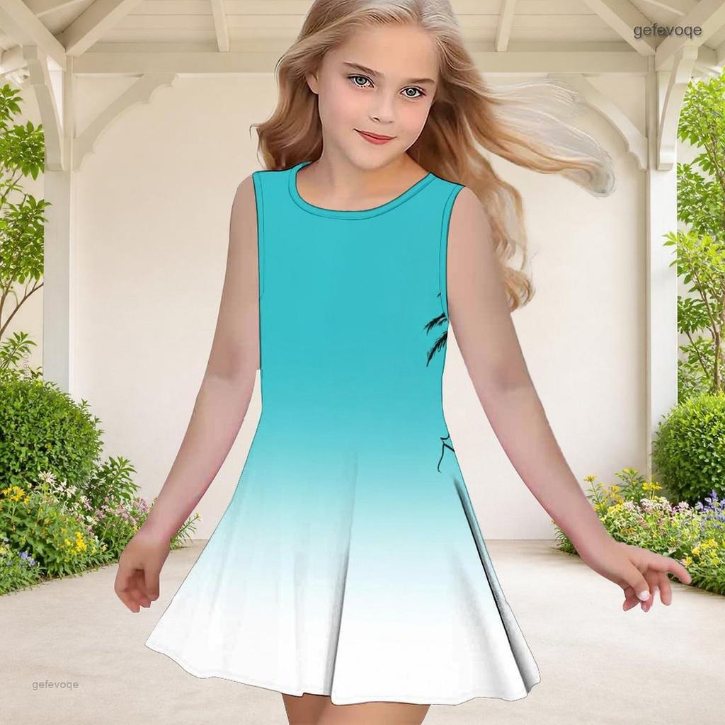 Little Girls Round Neck Sleeveless Clover Printed A Line Flared Dress