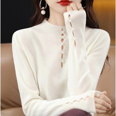 Maglione da Donna Collo Alto Mezzo Collo Colore Unico Fibbia di Perle Lavorazione a Maglia Sottile Strappato in Autunno e Inverno, Interno ed Esterno, Maglione in Cashmere
