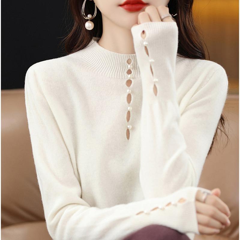 

Sweater Women s Half Turtleneck Solid Color Pearl Buckle Ripped Thin Knit Sweater In Autumn and Winter, Inside and Outside, Cashmere Sweater XXL бежевий