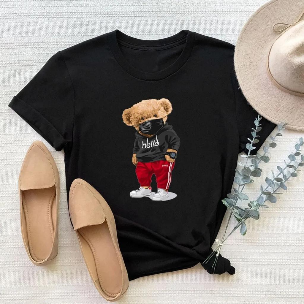 T-shirt Nera Divertente con Stampa Orso da Donna Ragazza Estate Y2K Harajuku Top Casual Maglietta Streetwear Femminile Abbigliamento Lady