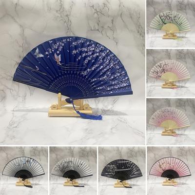 Folding Fan with Tassel Style Chinese Bamboo Hand-painted Flower Leaf Print Dance Performance Photo Props