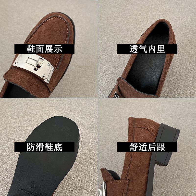 Large size one-pedal lock loafers women's 2025 British style round head suede small leather shoes high heels light and comfortable