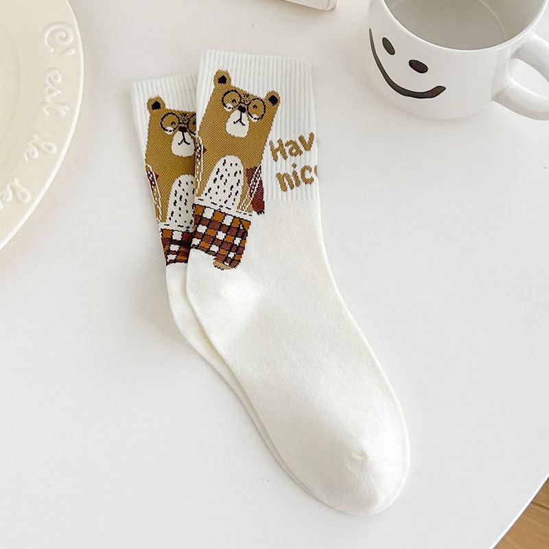 Ladies' Socks, Cute Glasses, Bear Cartoon, Boneless Cotton Socks, Mid-calf Socks