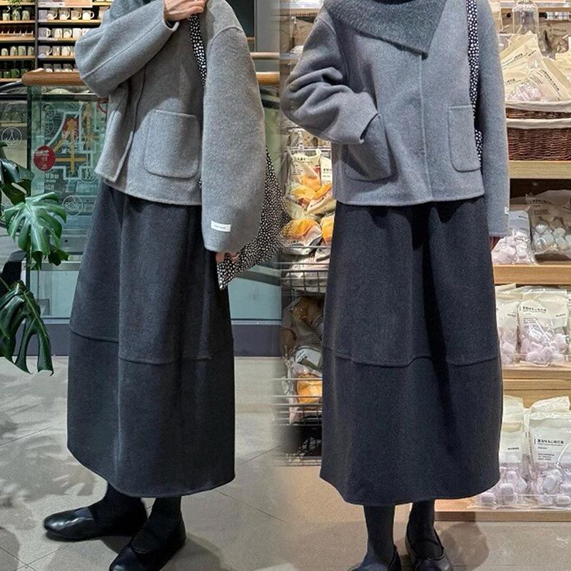 Maternity Wool Blend Dark Grey Mid-Length Skirt - Slimming, Versatile Umbrella Style for Autumn/Winter 2025 Large