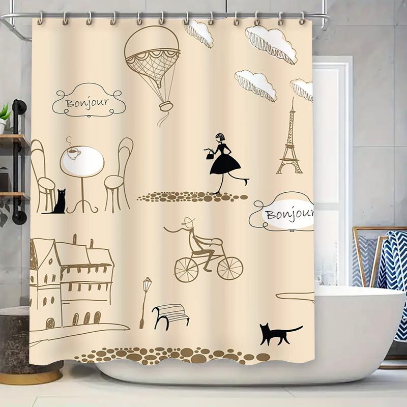 

Eiffel Tower Hot Air Balloon Paris City Shower Curtain Fashion Boho Vintage Home Decor Waterproof Bath Mat Set for Bathroom Deco 90x180cm
