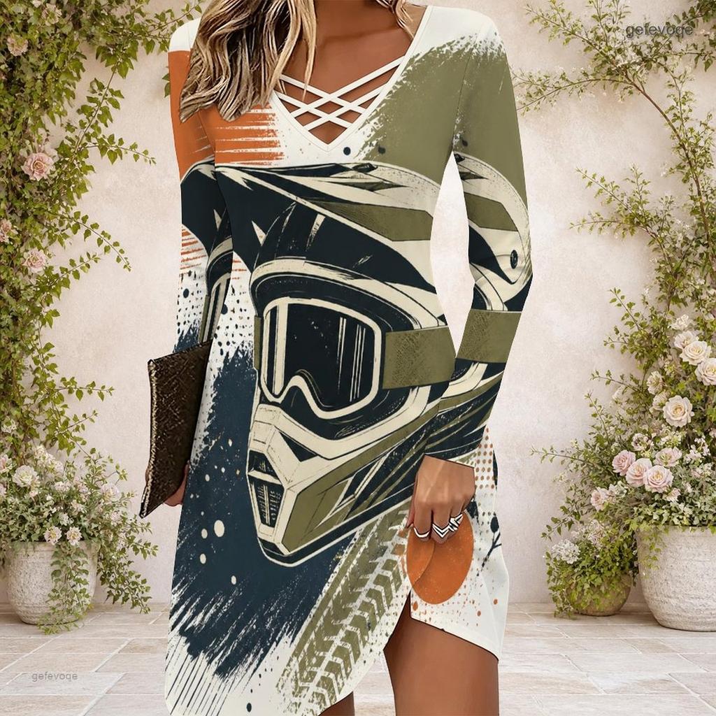Damen Cross V-Ausschnitt Langarmkleid Aquarell Spritzer Herz Muster Unregelmäßiger Saum Kleid