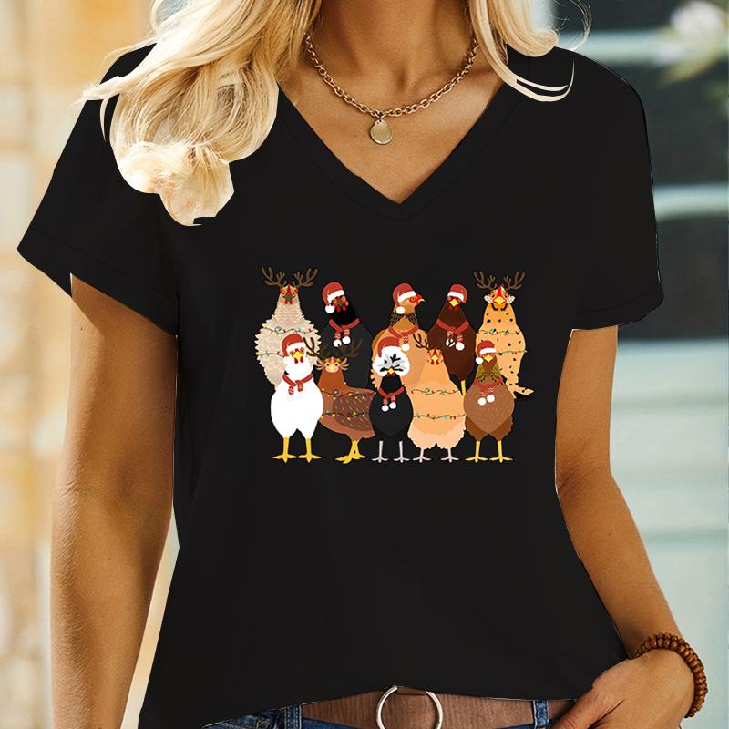 Cute Christmas Chickens Animals Print Womens TShirt VNeck Short Sleeve Funny Tops Tees Fashion Casual Xmas Gift Loose T Shirt