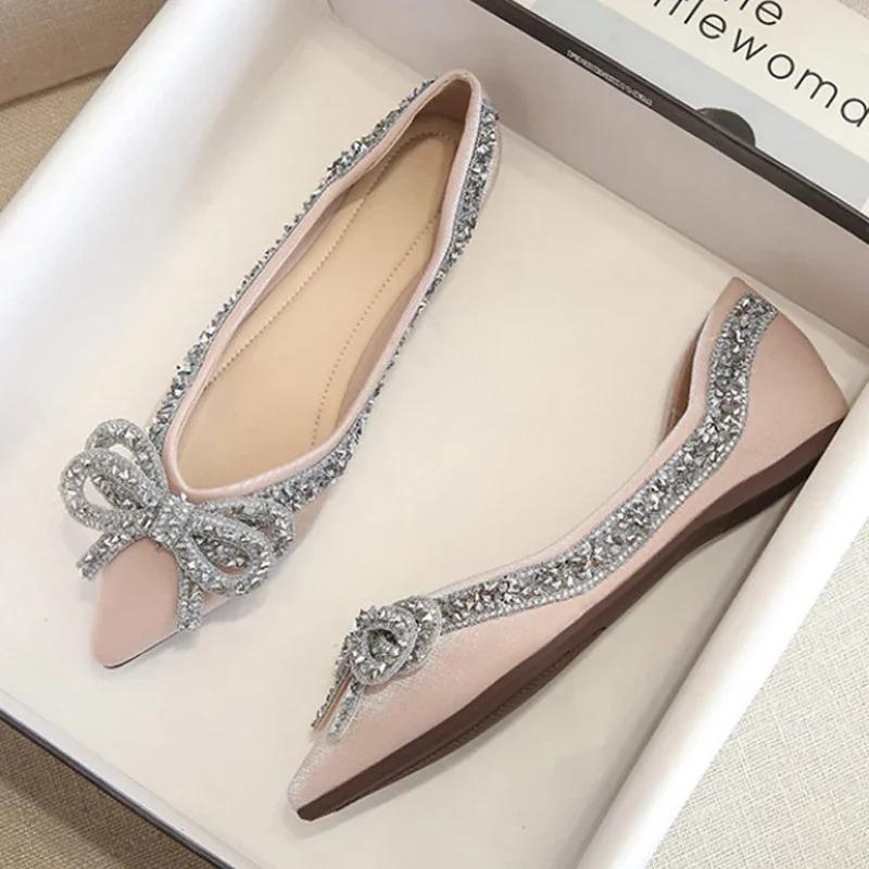Fashion Plus Size 35-43 Autumn New Fashion Women Shoes Fashion Women Bling Crystal Bow Pointed Toe Flats Shoes Slip On Women Boat Shoes