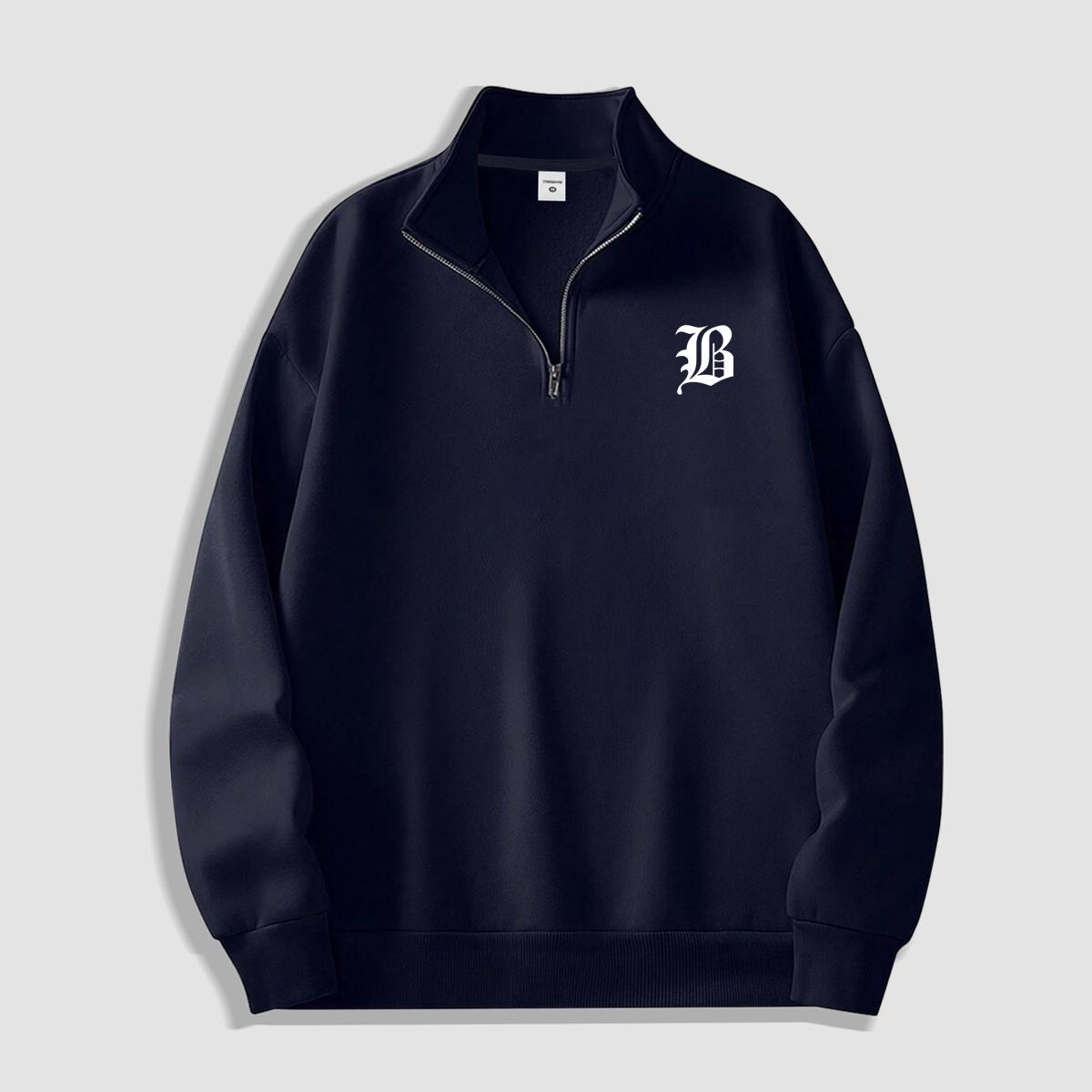 

Street-Style Minimalist Gothic “B” Half-Zip Sweatshirt: Relaxed-Fit Stand-Up Collar Pullover for Everyday Commuting XXL темно-синього кольору
